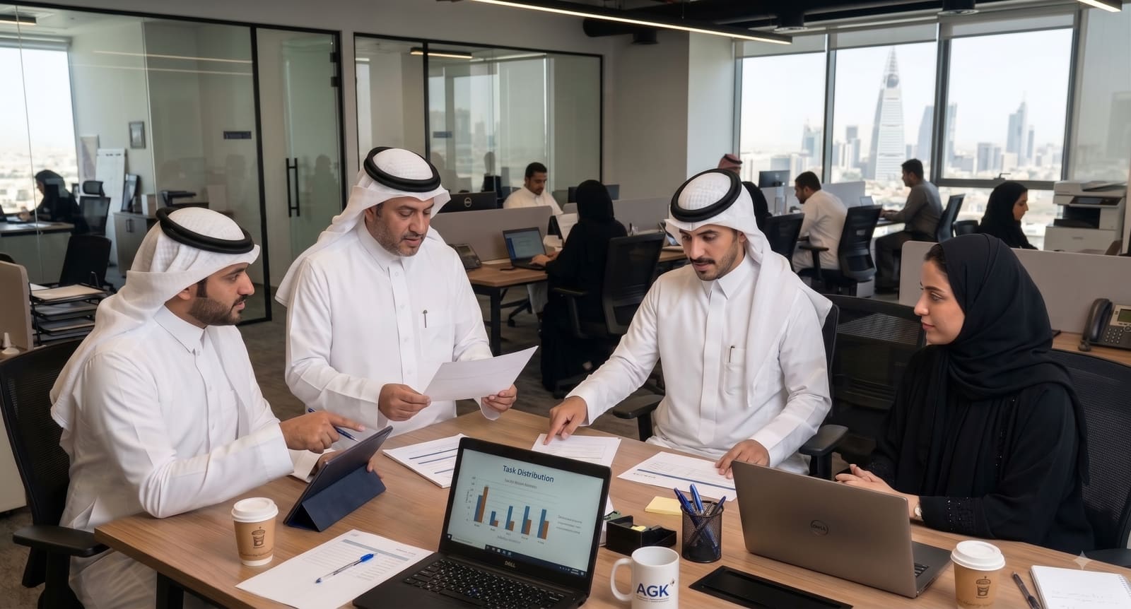 A Saudi team reviewing reports together in a Riyadh office
